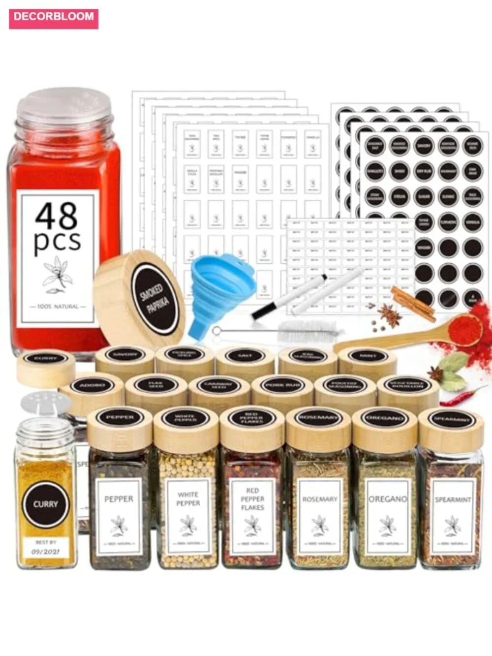 48 Pcs 4 oz Glass Spice Jars with Bamboo Lids Shaker Lids Labels